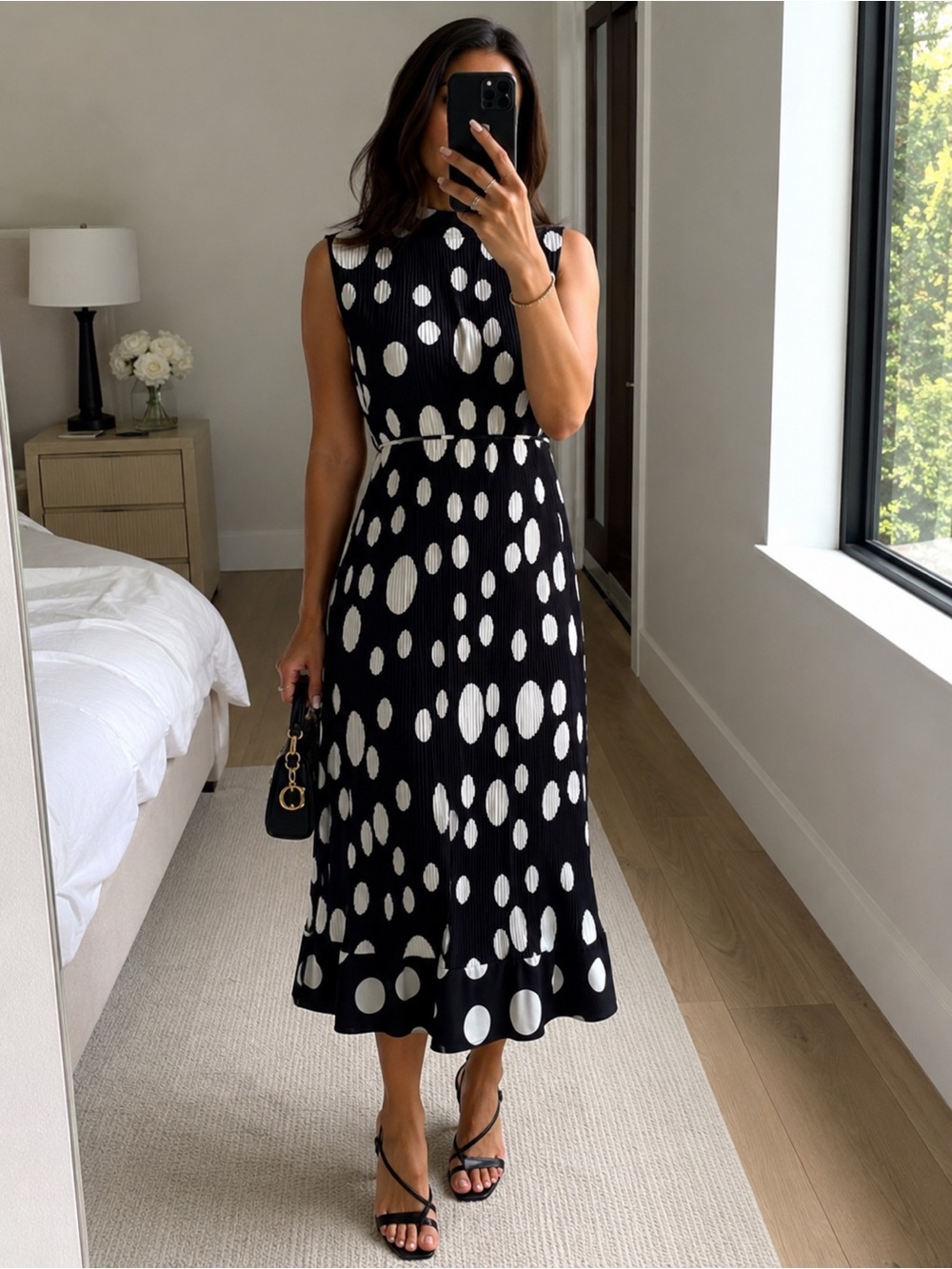 Milly Elegant Pleated Polka Dot Sleeveless Maxi Dress Black White Size 2 NWT